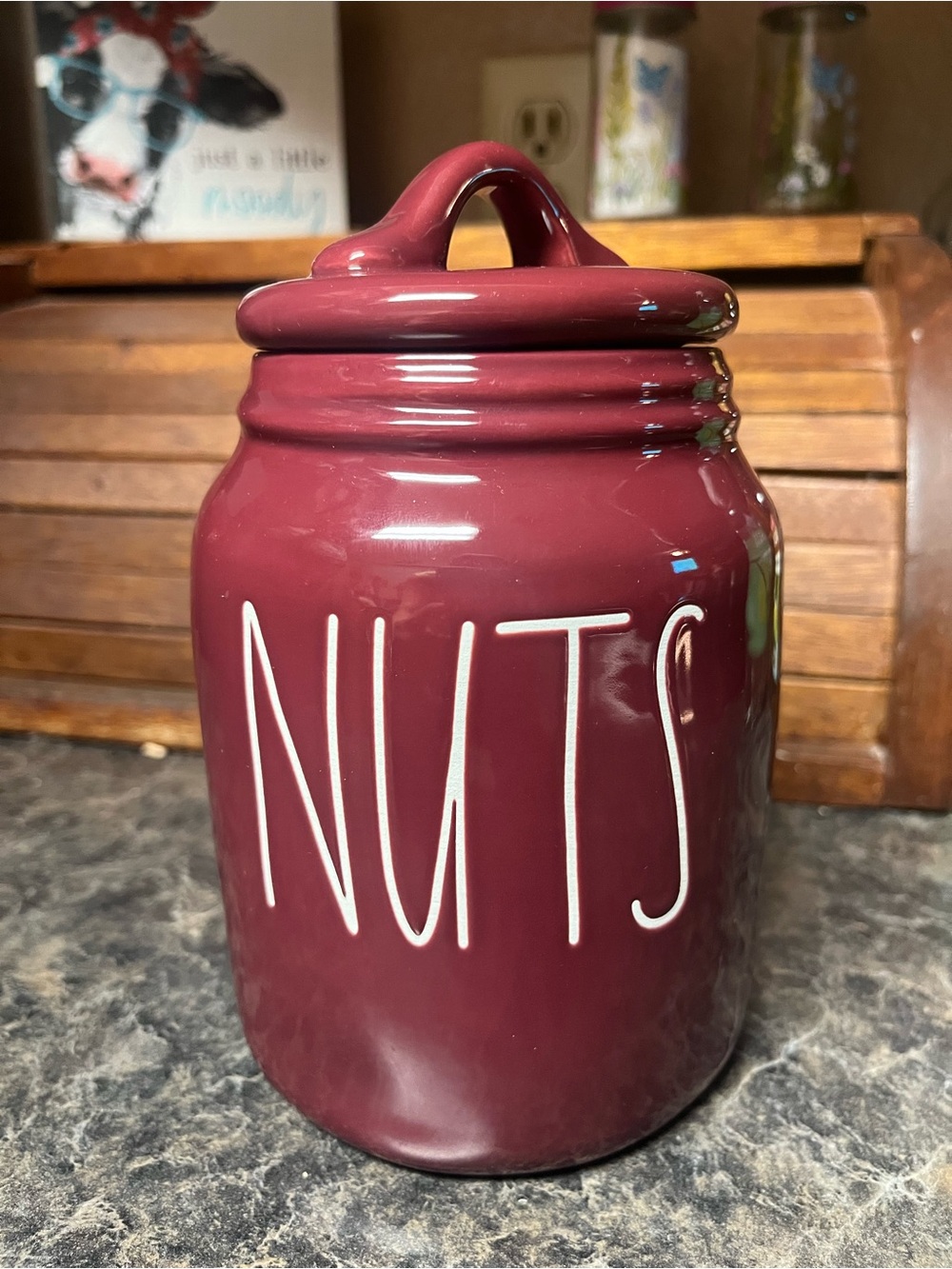 Rae Dunn Deep Wine Red Ceramic 'NUTS' Storage Jar